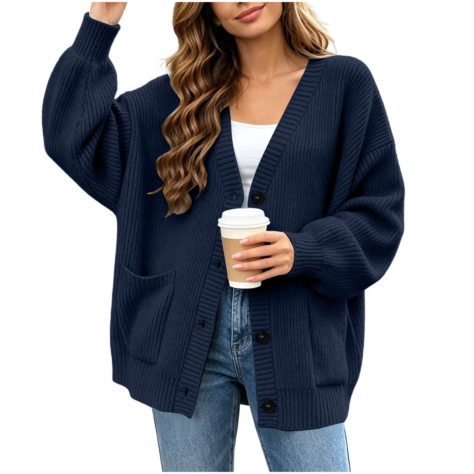 CHGBMOK Women's Chunky Ribbed Knit Cardigan V Neck Button Down Loose Sweater Jacket with Pockets Casual Solid Long Sleeve Knit Coat - Walmart.com | Walmart (US)