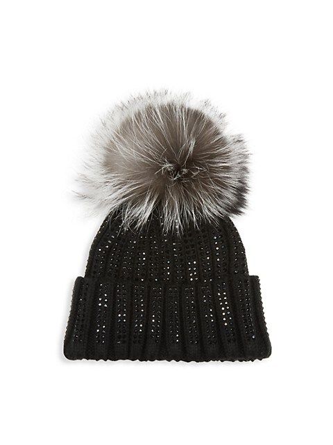 Crystal-Embellished Rib Knit Hat With Fox Fur Pom | Saks Fifth Avenue