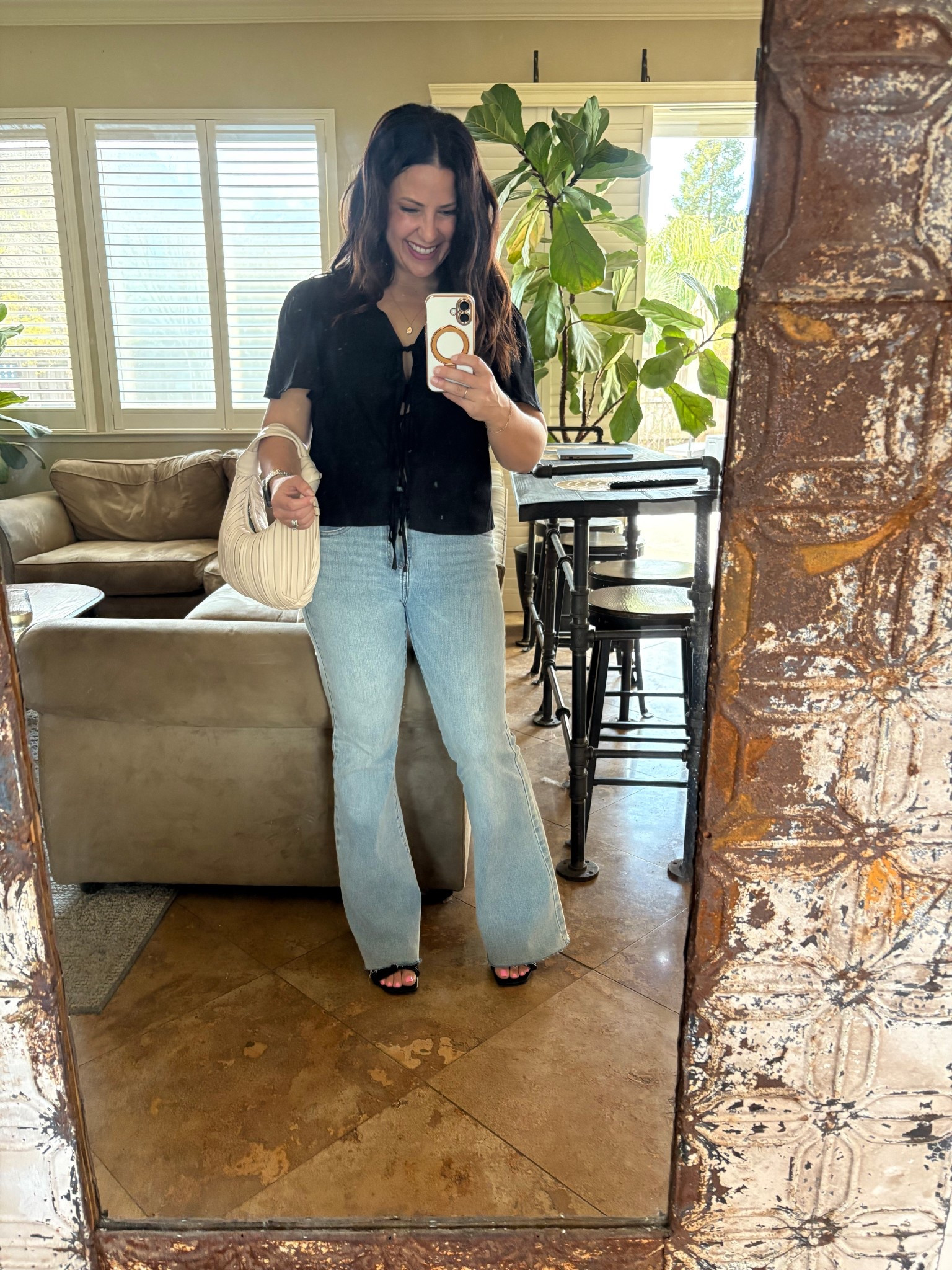 Date night outfit! 
Light wash flare jeans wearing 4 short
Linen tie front top

#LTKOver40 #LTKStyleTip #LTKPetite