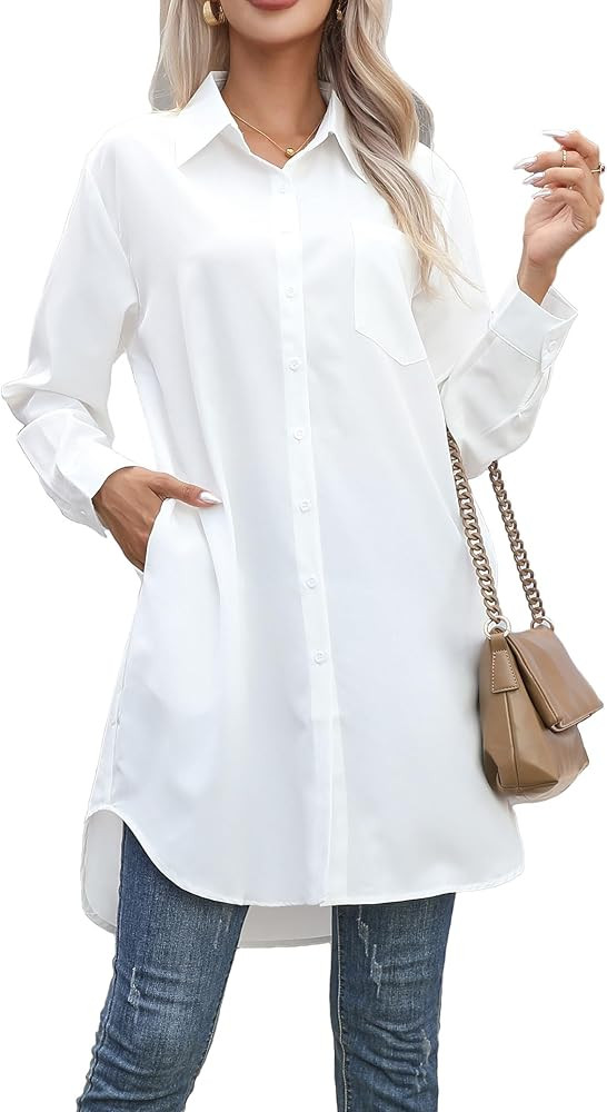 Women's Casual Button Down Shirts Long Sleeve Oversize Blouse Loose Shirt Dress with Side Pockets | Amazon (US)
