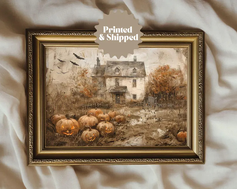 Halloween Farmhouse Spooky Pumpkin Patch Painting Vintage Wall Art | Country Cottage Fall Decor |... | Etsy (US)