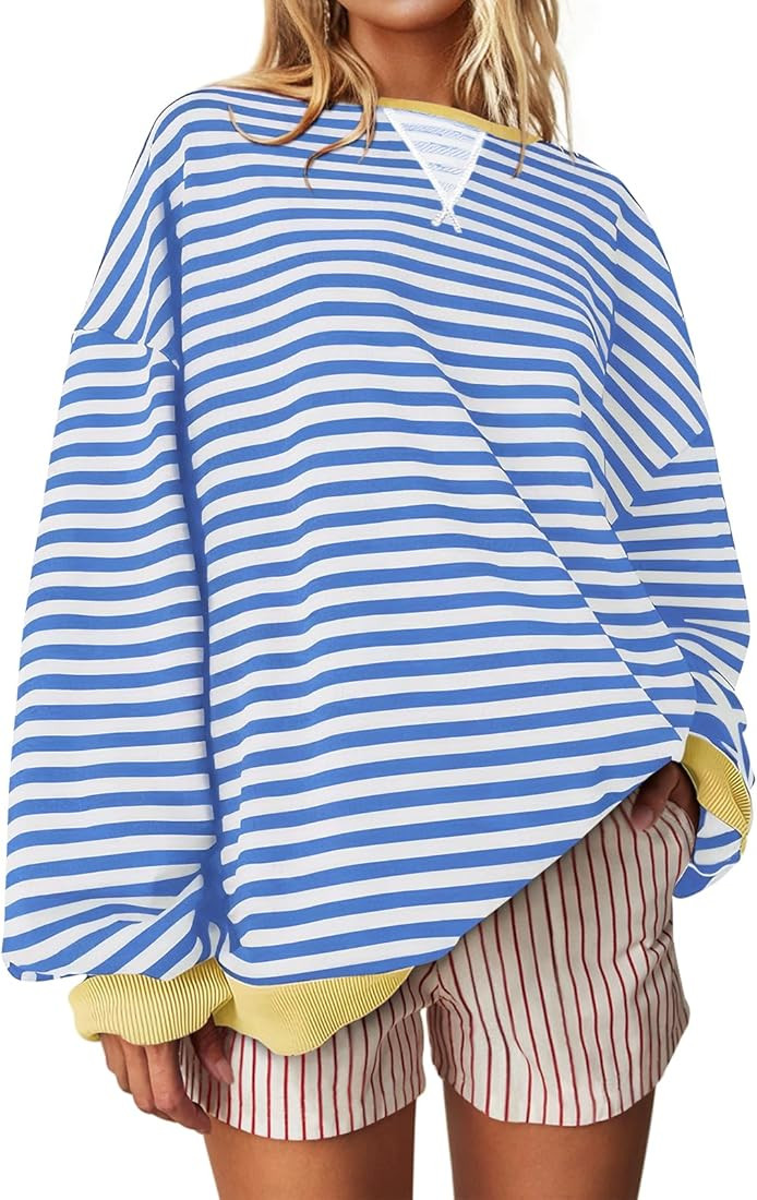 UEU Women Striped Oversized Sweatshirt Color Block Crewneck Long Sleeve Pullover Top Fashion Tren... | Amazon (US)