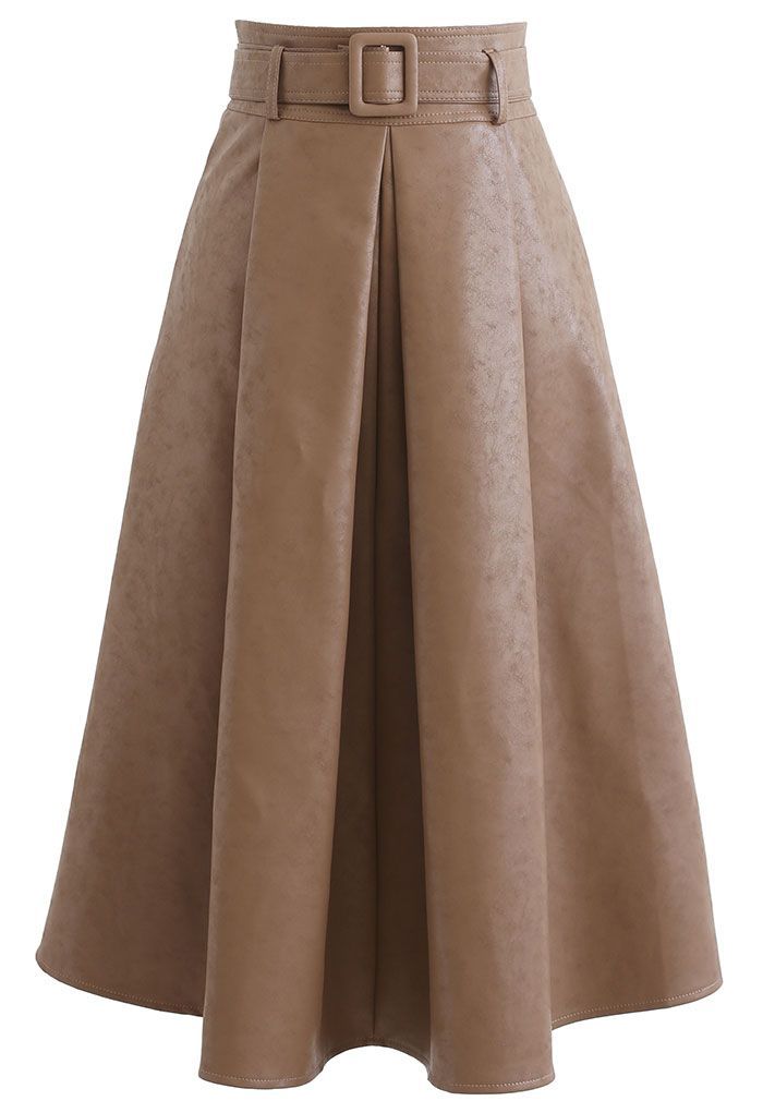 Textured Faux Leather Belted Pleated Skirt in Tan | Chicwish