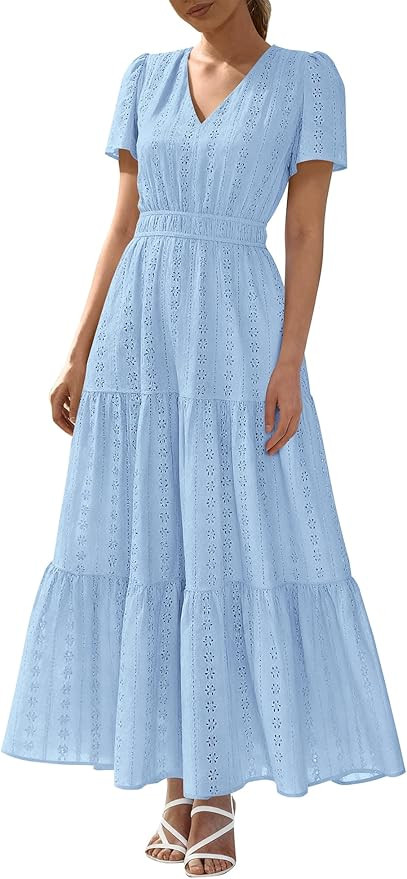 BTFBM Womens Summer Dresses 2026 V Neck Hollow Out Eyelet A Line Flowy Boho Beach Vacation Weddin... | Amazon (US)