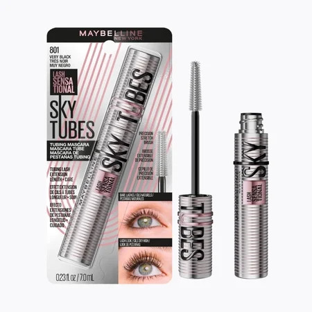 Maybelline Lash Sensational Sky Tubes Tubing Mascara Extension-Like Length Conditioning with Shea Butter + Castor Oil , Very Black, 0.23 fl oz | Walmart (US)