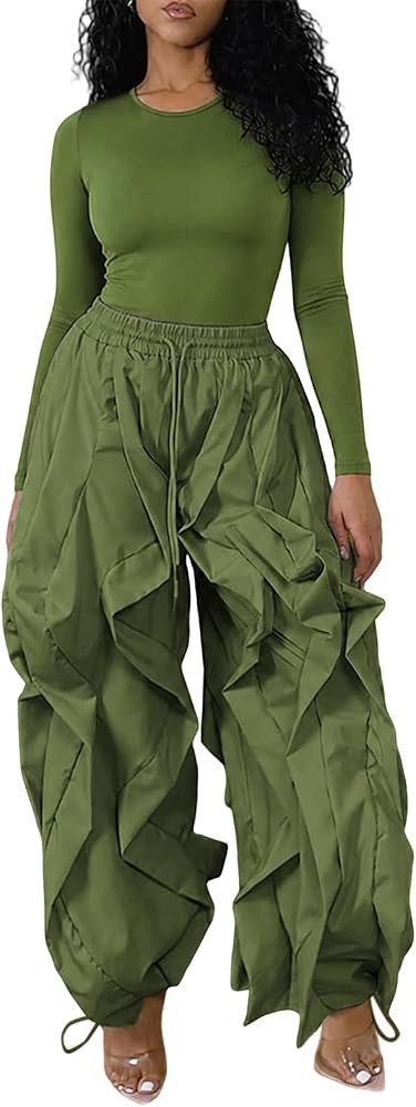 knowfashionstyle Women 2 Piece Outfits Cargo Parachute Pants Set Long Sleeve Top Baggy Y2K Balloo... | Amazon (US)