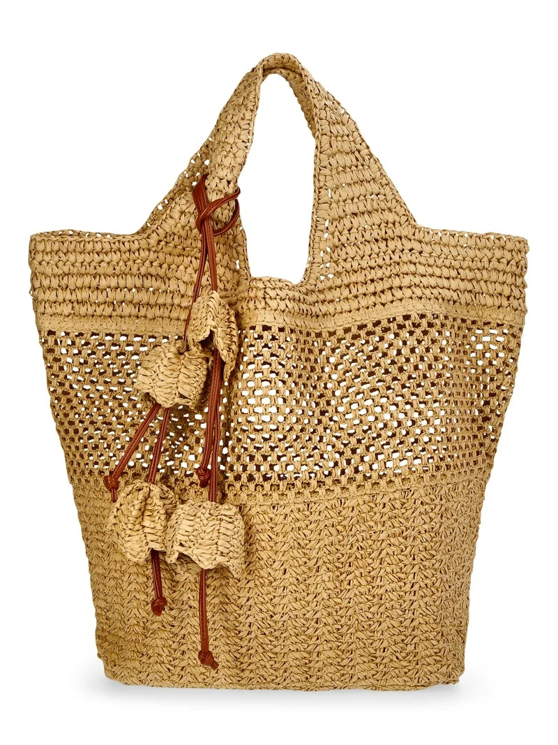 Time and Tru Women's Straw Tulip Tote Bag, Natural | Walmart (US)