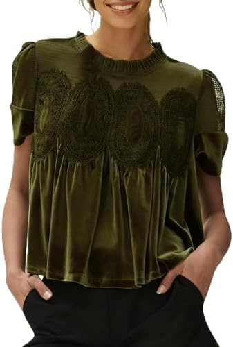 Gozoloma Women's Velvet Lace Blouse Casual Round Neck Short Sleeve Flared Swing Top Elegant Loose... | Amazon (US)