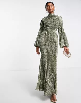 ASOS DESIGN lace trim maxi dress with belt in mixed paisley | ASOS (Global)