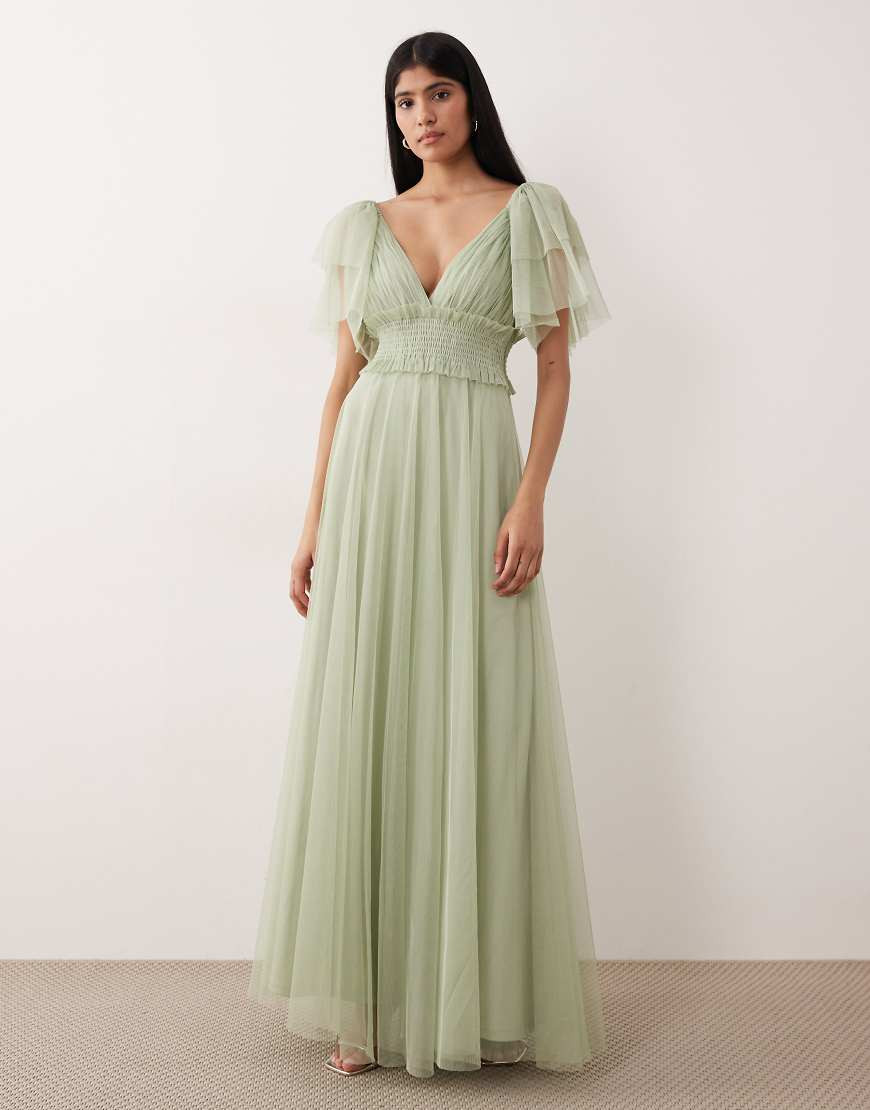 Lace & Beads Bridesmaid tulle flutter sleeve shirred waist maxi dress in sage green | ASOS (Global)