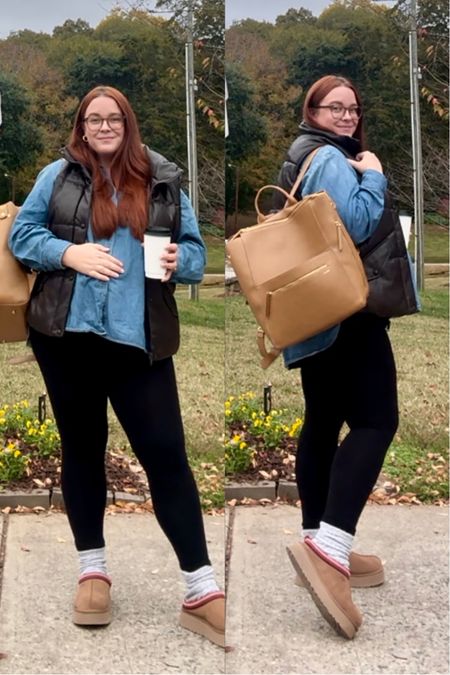 Bump friendly fall maternity outfit wearing denim shirt, leggings, ugg slippers, barefoot dreams socks, faux leather vest and fawn diaper bag.

#LTKbump #LTKmidsize #LTKplussize