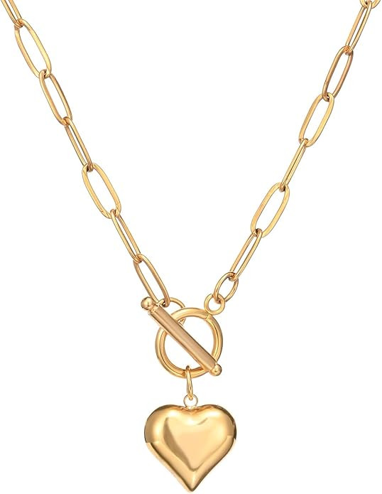 Stainless Steel Puffy Heart Pendant Paperclip Chain Necklace for Women Toggle Necklace Jewelry | Amazon (US)