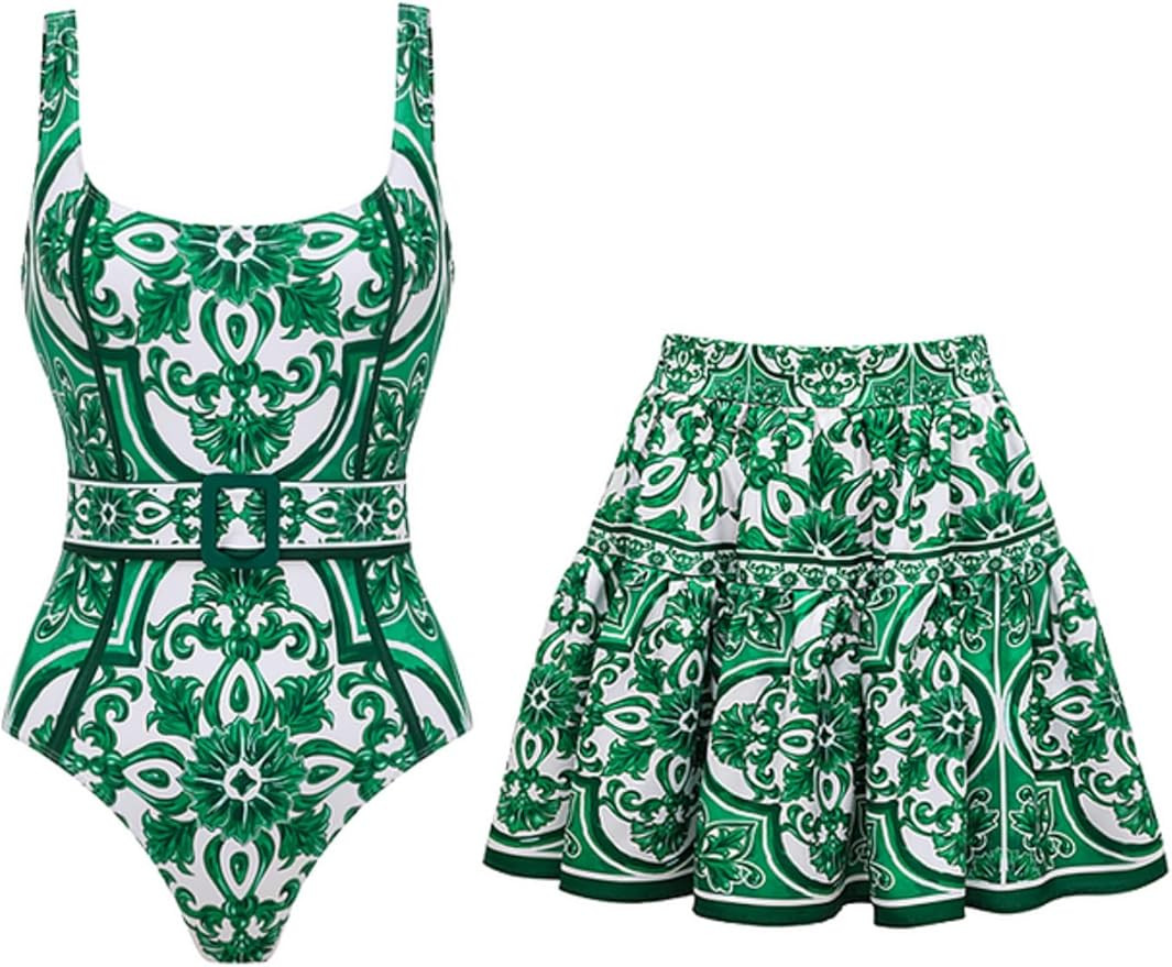 FLAXMAKER Classic Majolica Pattern Print Adjustable Shoulder Straps One Piece Swimsuit and Pants ... | Amazon (US)