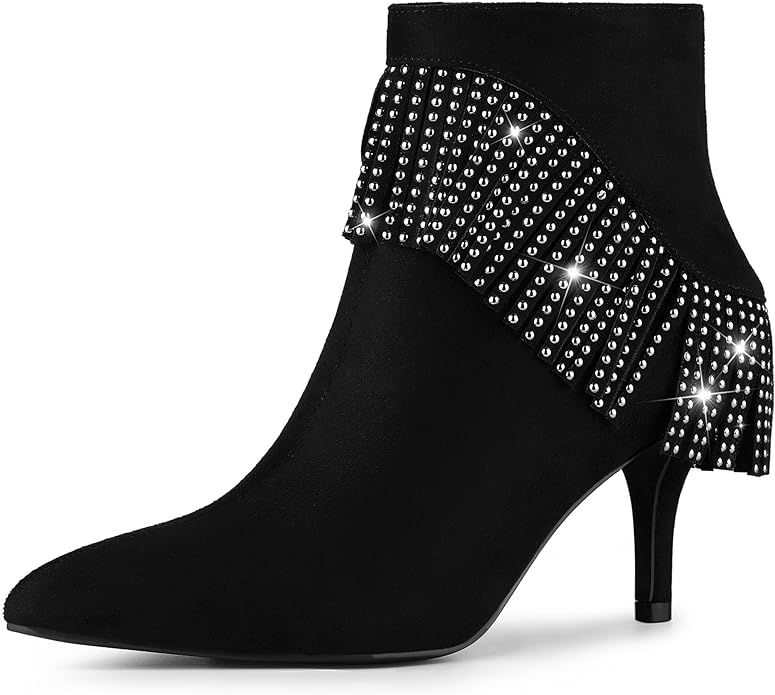 Allegra K Women's Fringe Heels Boot Rhinestone Stiletto Heel Ankle Boots | Amazon (US)