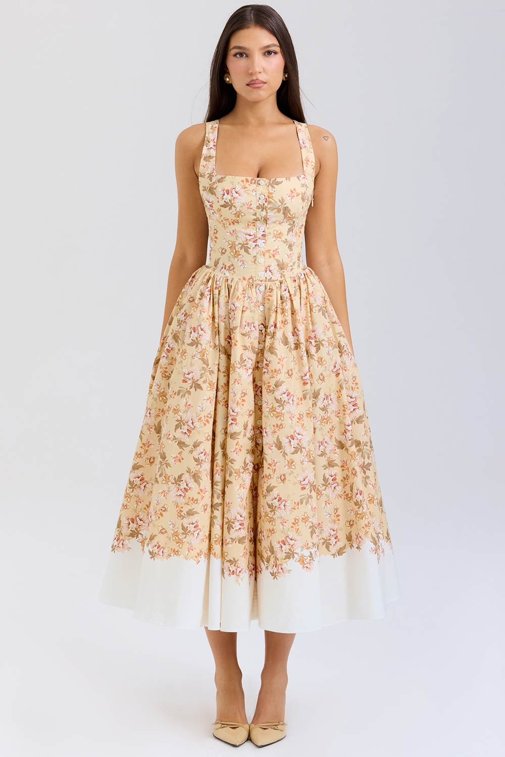 honeyflower print gathered cotton midi dress | House of CB
