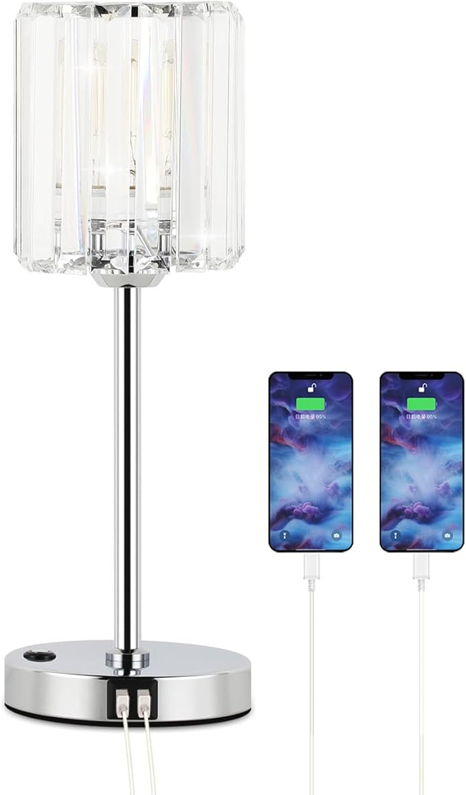 Ralbay Modern Crystal Table Lamp Touch Control, 3-Way Dimmable Bedside Lamps, with 2 USB Charging... | Amazon (US)