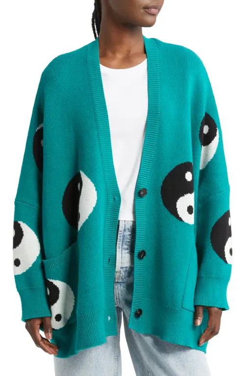 Dressed in Lala Yin & Yang Boxy Oversize Cardigan in Teal Yin Yang at Nordstrom, Size Large | Nordstrom