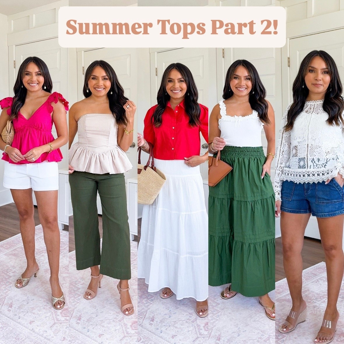 Anthro Code! Use code RACHEL20 for 20% Off $100+ Reg Price Apparel, Accessories, Shoes, Beauty & Home -  some exclusions apply!
For reference: I’m 5’0, 32b bra size, and 2/26 in bottoms, pear shaped. 

Summer tops part 2!

Hot pink top size
White shorts size
Gold heels size 5 TTS

Tan gingham top size 
Olive green pants size
Tan heels size 5 TTS

Red button down top size
White maxi skirt size
Clear heels size 5 TTS

White ruffle tank size xxs TTS
Olive green skirt size
Gold flip flops size 6 - fit like a 5.5 TTS

White long sleeve lace top size
Denim short
Clear heels size 5 TTS

Summer tops
Spring tops
Everyday outfits
Summer outfits
Vacation looks
Petite dress
Cruise outfits
Europe 
Travel
Dinner
Cocktails
Date night
Girls night
Rachel Miranda Blog


#LTKSaleAlert #LTKPetite #LTKStyleTip