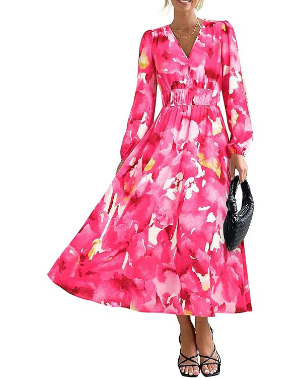 PRETTYGARDEN Women's 2024 Fall Boho Maxi Dress Casual Long Sleeve V Neck Printed Beach Long Flowy... | Amazon (US)