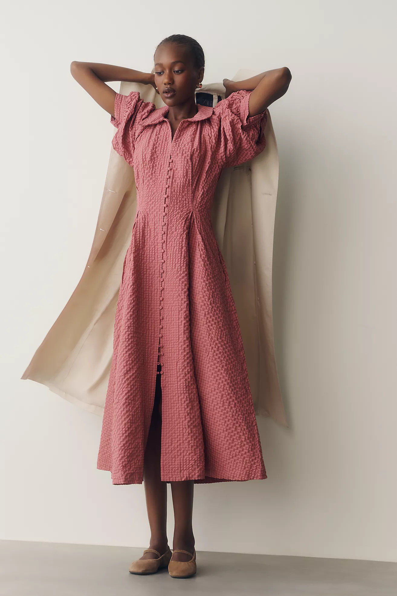 Puff-Sleeve Textured Midi Shirtdress | Anthropologie (US)