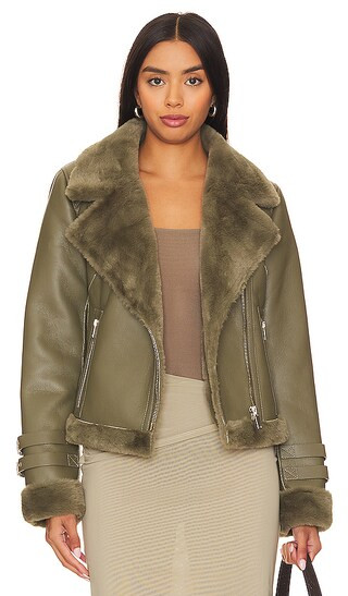 Dion Faux Fur Moto Jacket in Olive | Revolve Clothing (Global)