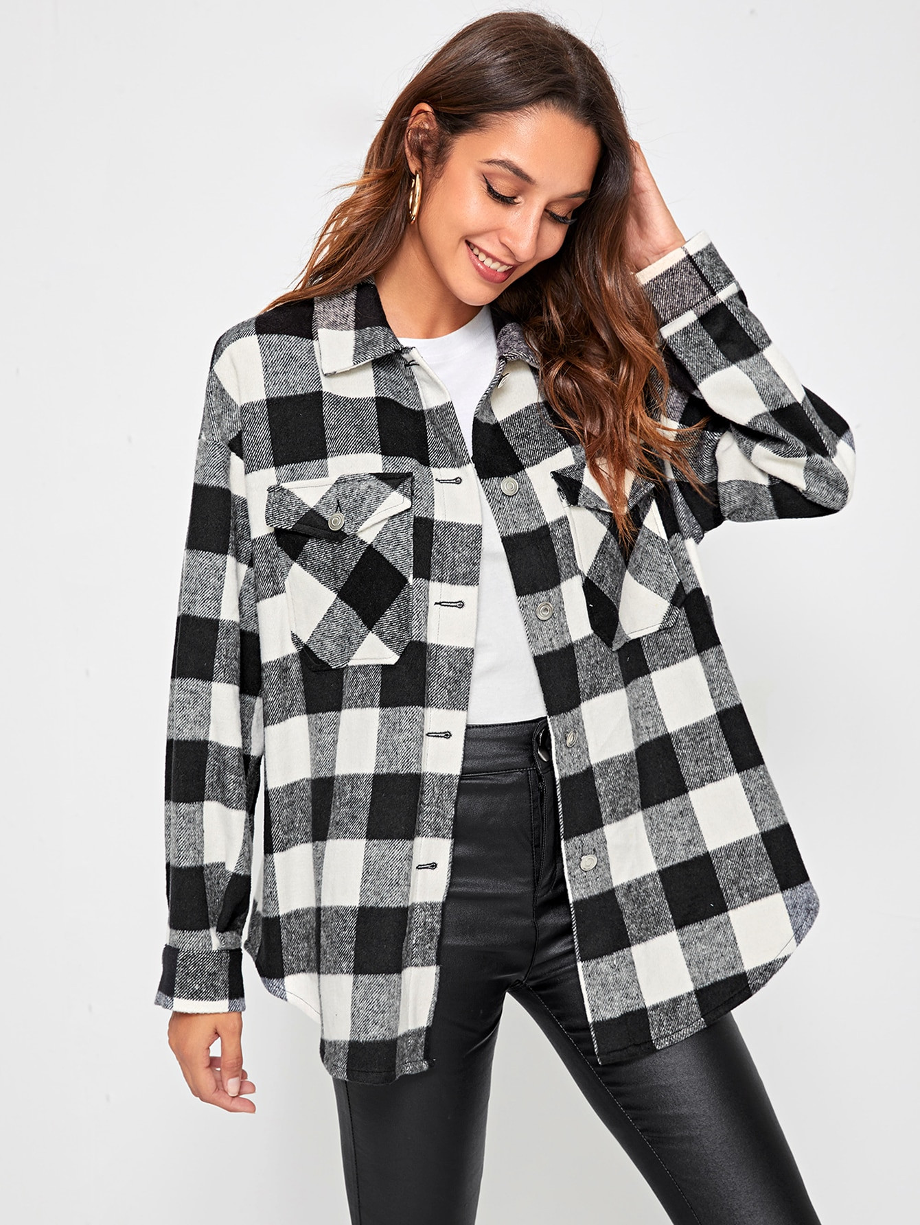 SHEIN Flap Pocket Front Buffalo Plaid Coat | SHEIN