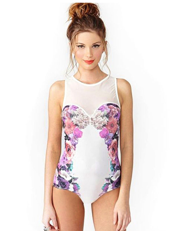 One Piece Swimsuit White Sleeveless Floral Print Zip Push Up Women Swim Bathing Suit | Milanoo