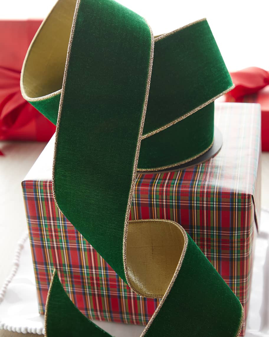 D. Stevens Velvet & Gold Glitter Christmas Ribbon, 4"W x 10 Yards | Neiman Marcus