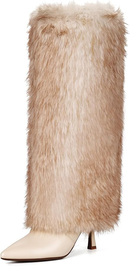 Womens 3.3-inch Kitten Heel Knee High Fur Boots Furry Fuzzy Fluffy Pointed Toe Boots for Women Ta... | Amazon (US)