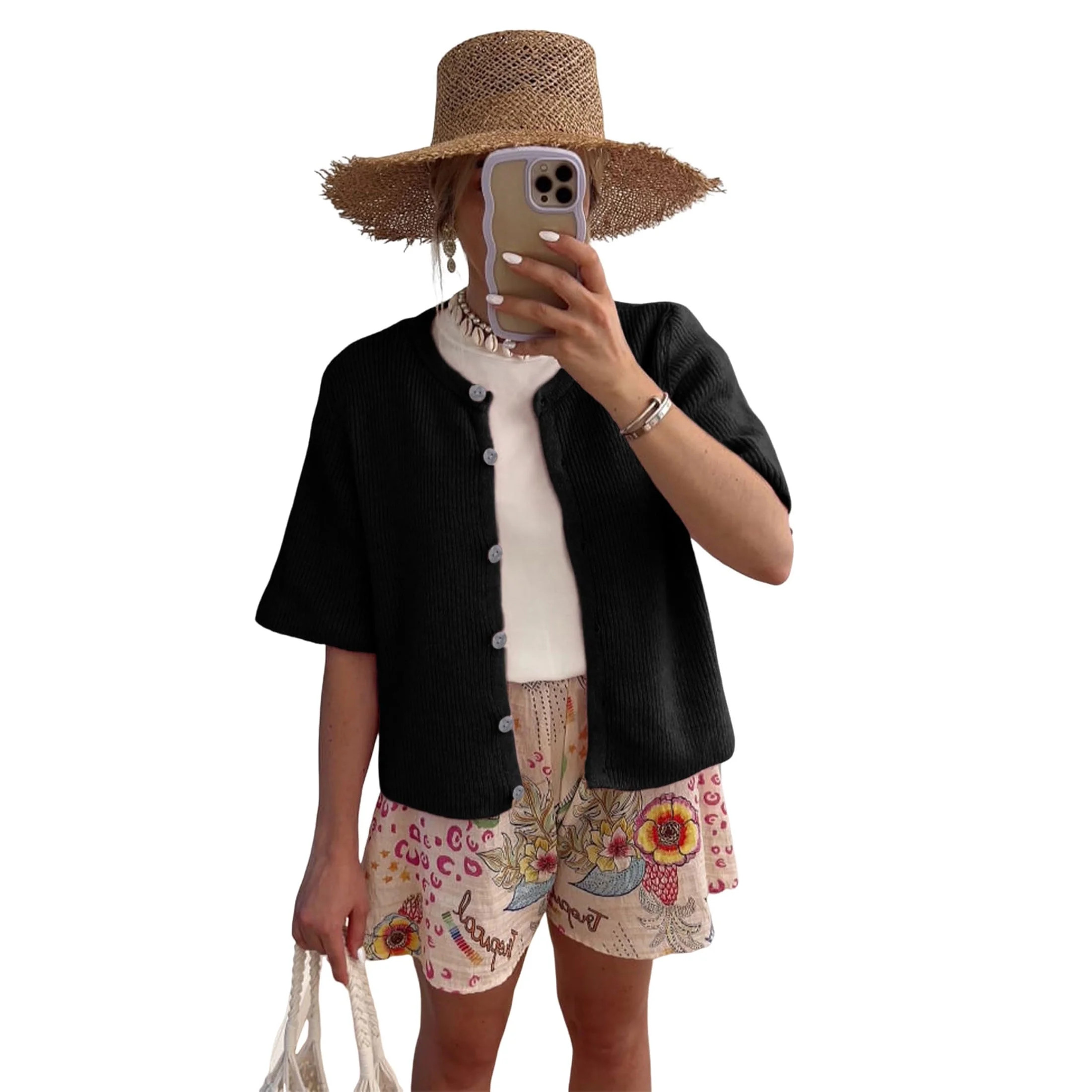 Lentta Women's Short Sleeve Cardigan Button Down Summer Knitted Cropped Sweater Top | Walmart (US)