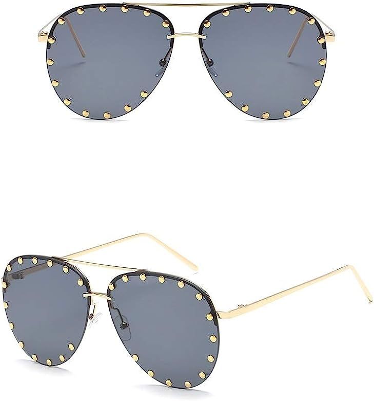 Unisex Rimless Cut-out Rivet Studded Lens Aviator Sunglasses | Amazon (US)