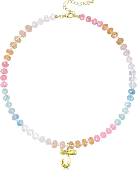 KissYan Initial Necklaces for Women, Colorful Beaded Gemstone Choker 14K Gold Bubble Letter Penda... | Amazon (US)
