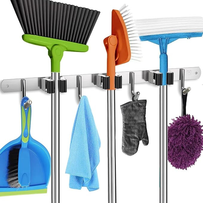 Mop Broom Holder Wall Mount, Stainless Steel Broom Hanger Wall Mount, Non Slip Broom Mop Holder W... | Amazon (US)