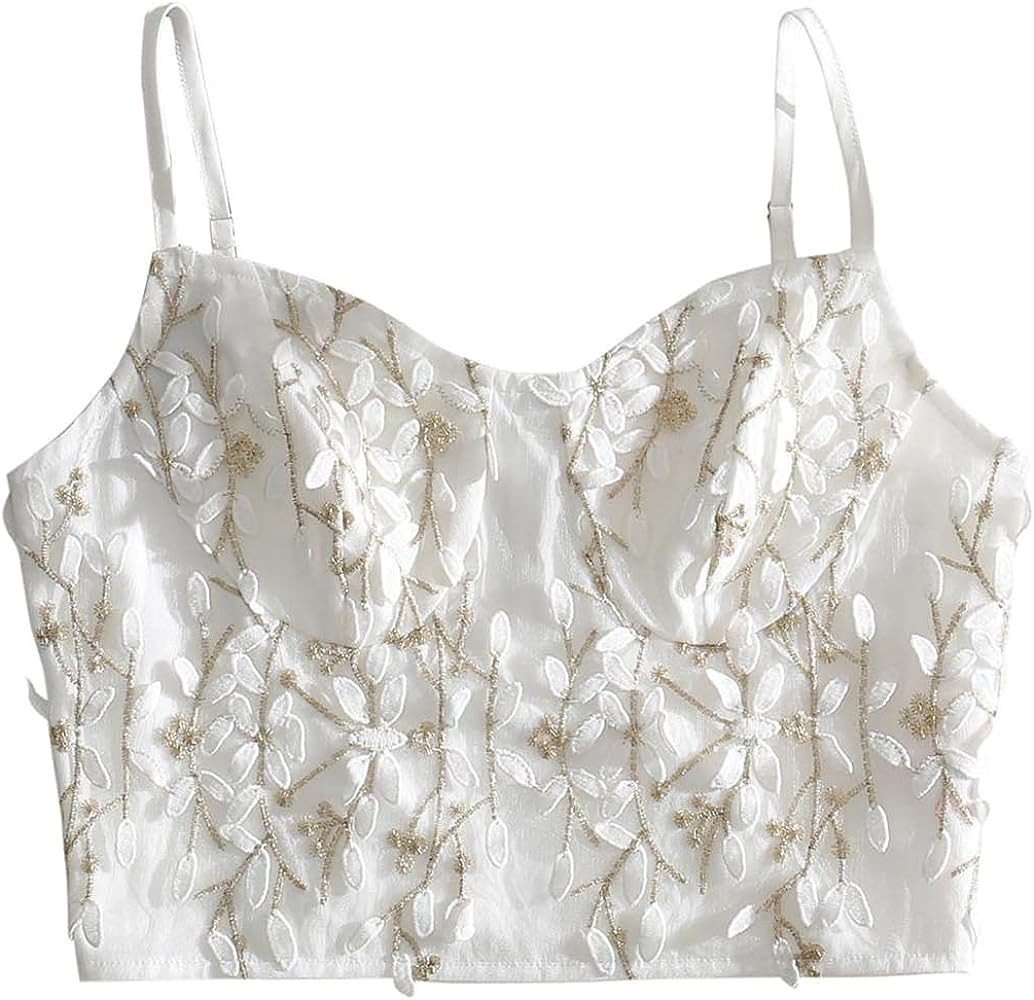 SOLY HUX Women's Lace Sequin Spaghetti Strap Zipper Back Detail Cami Croptop | Amazon (US)