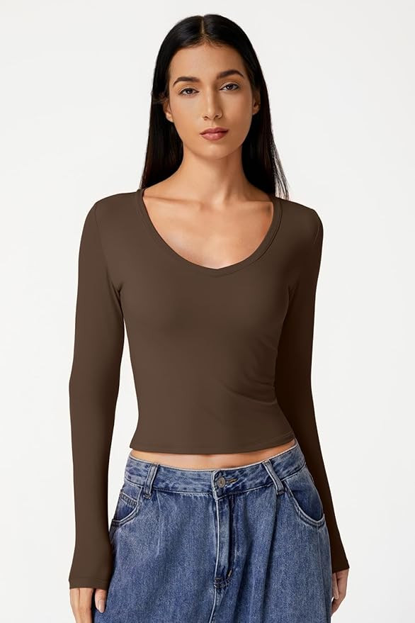 QINSEN Women Double Lined Fitted Basic T Shirts V Neck Long Sleeve Crop Top | Amazon (US)