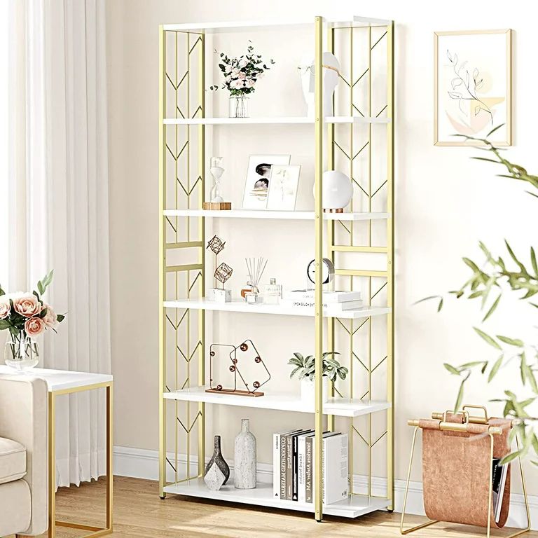 Yartaka 6 Tier White and Gold Bookshelf, Free-Standing Storage Shelf with Metal Frame, Tall Organ... | Walmart (US)