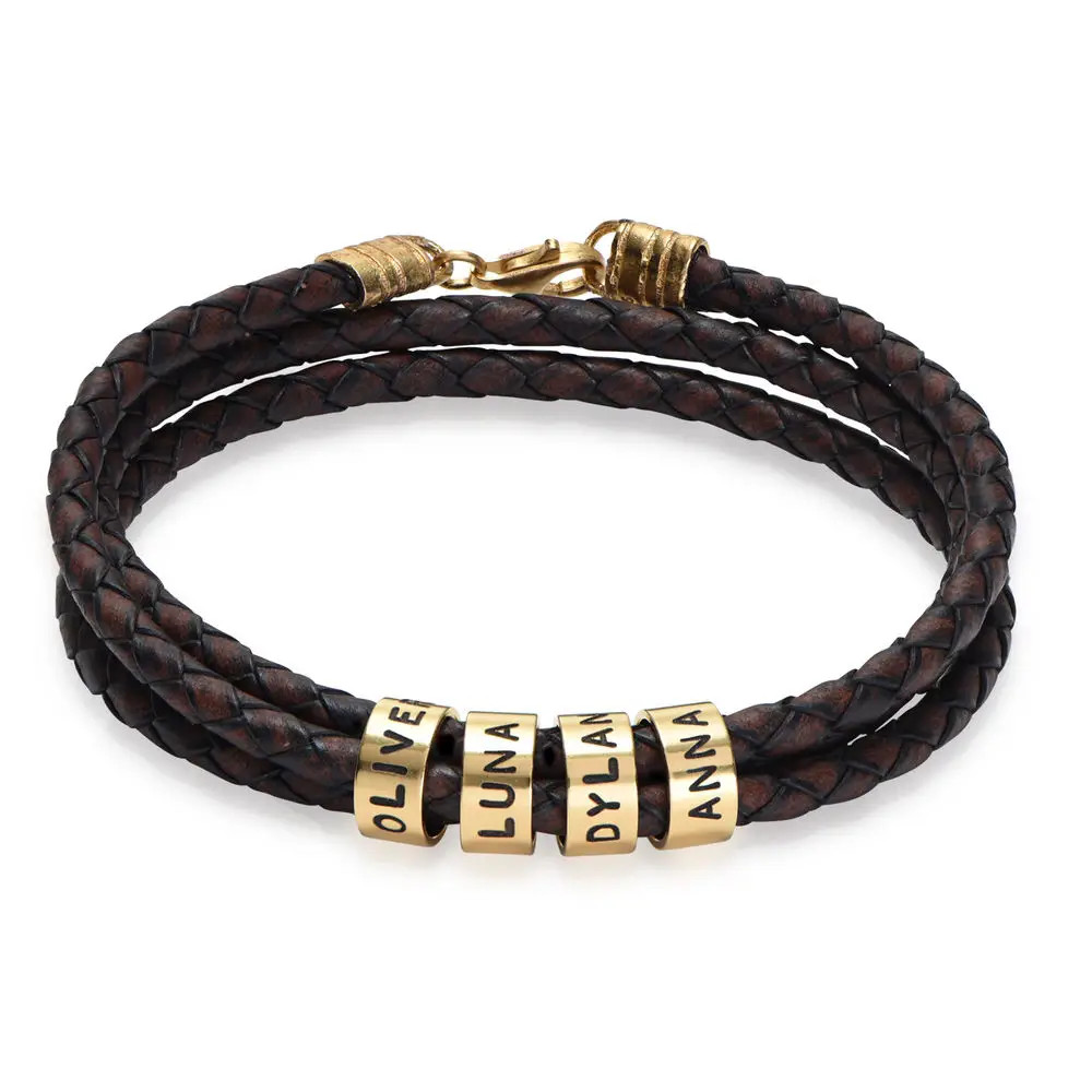 Navigator Braided Brown Leather Bracelet for Men with Custom Beads in 18k Gold Vermeil | MYKA
