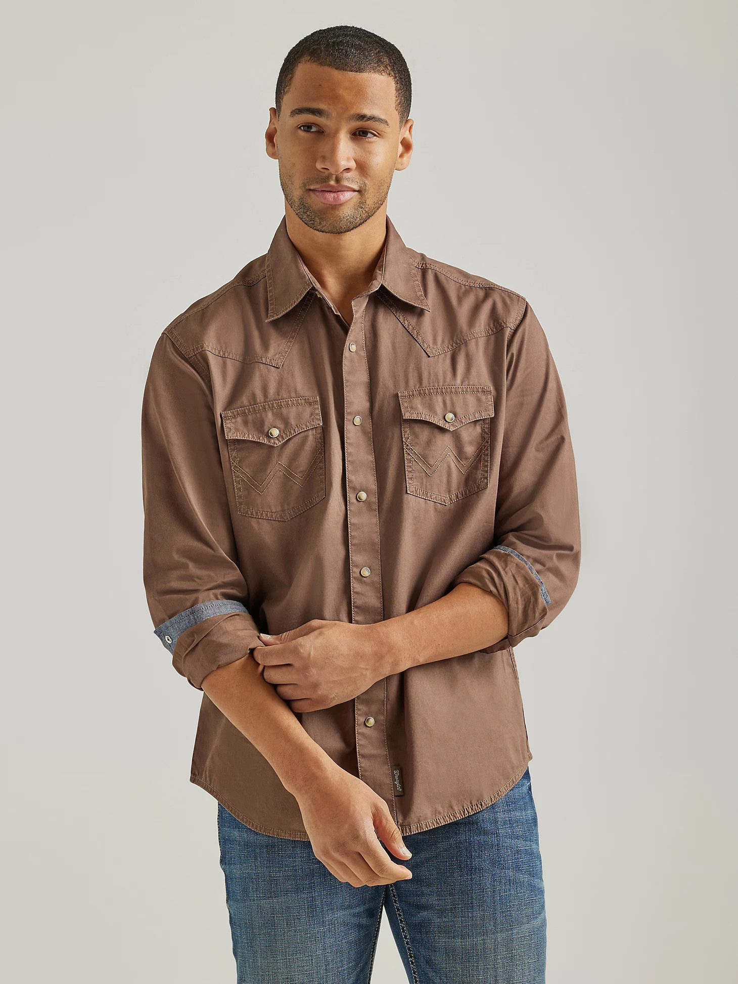 Men's Wrangler Retro® Premium Long Sleeve Button-Down Solid Shirt in Camel Brown | Wrangler