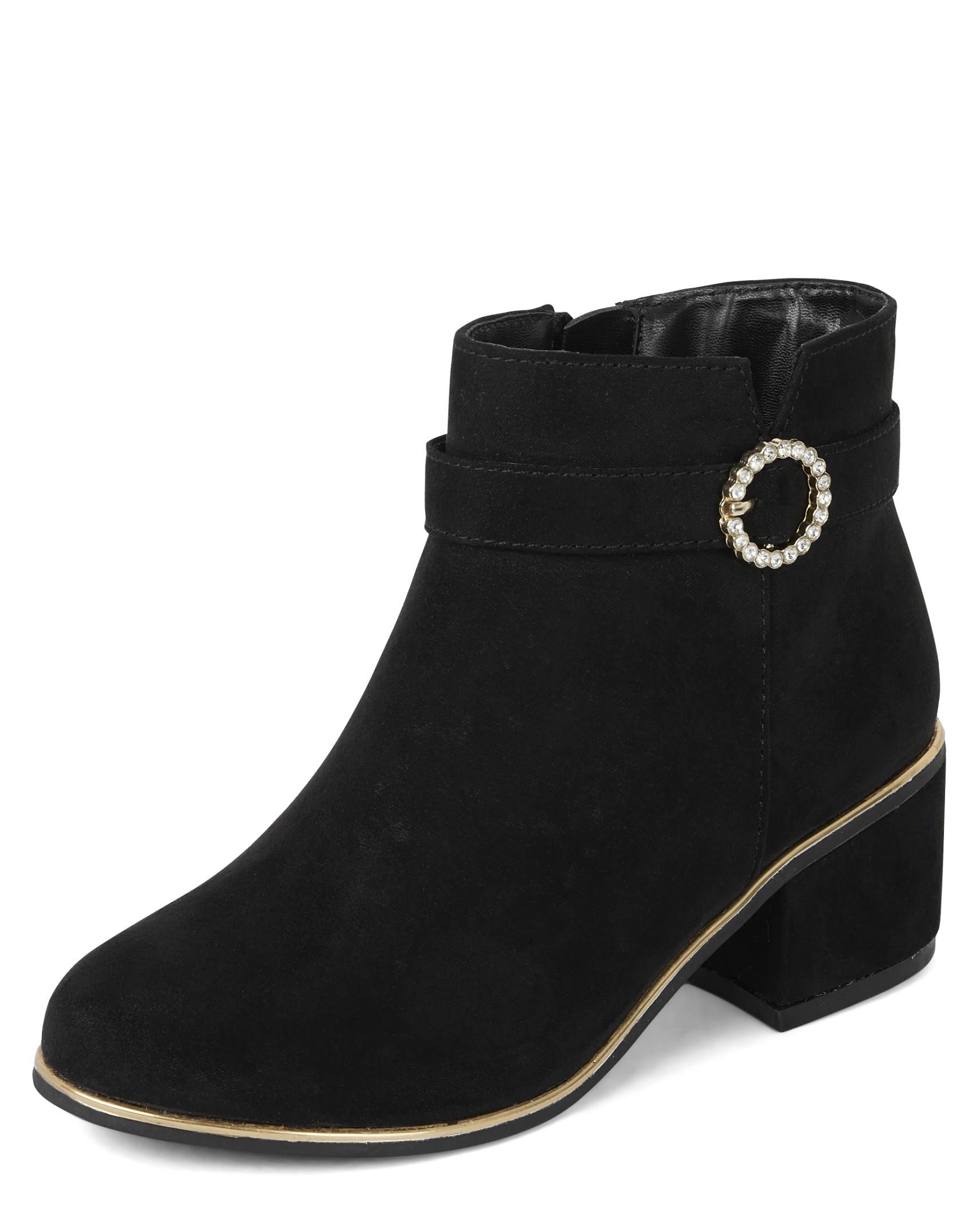 Girls Jeweled Buckle Faux Suede Heel Booties - black | The Children's Place