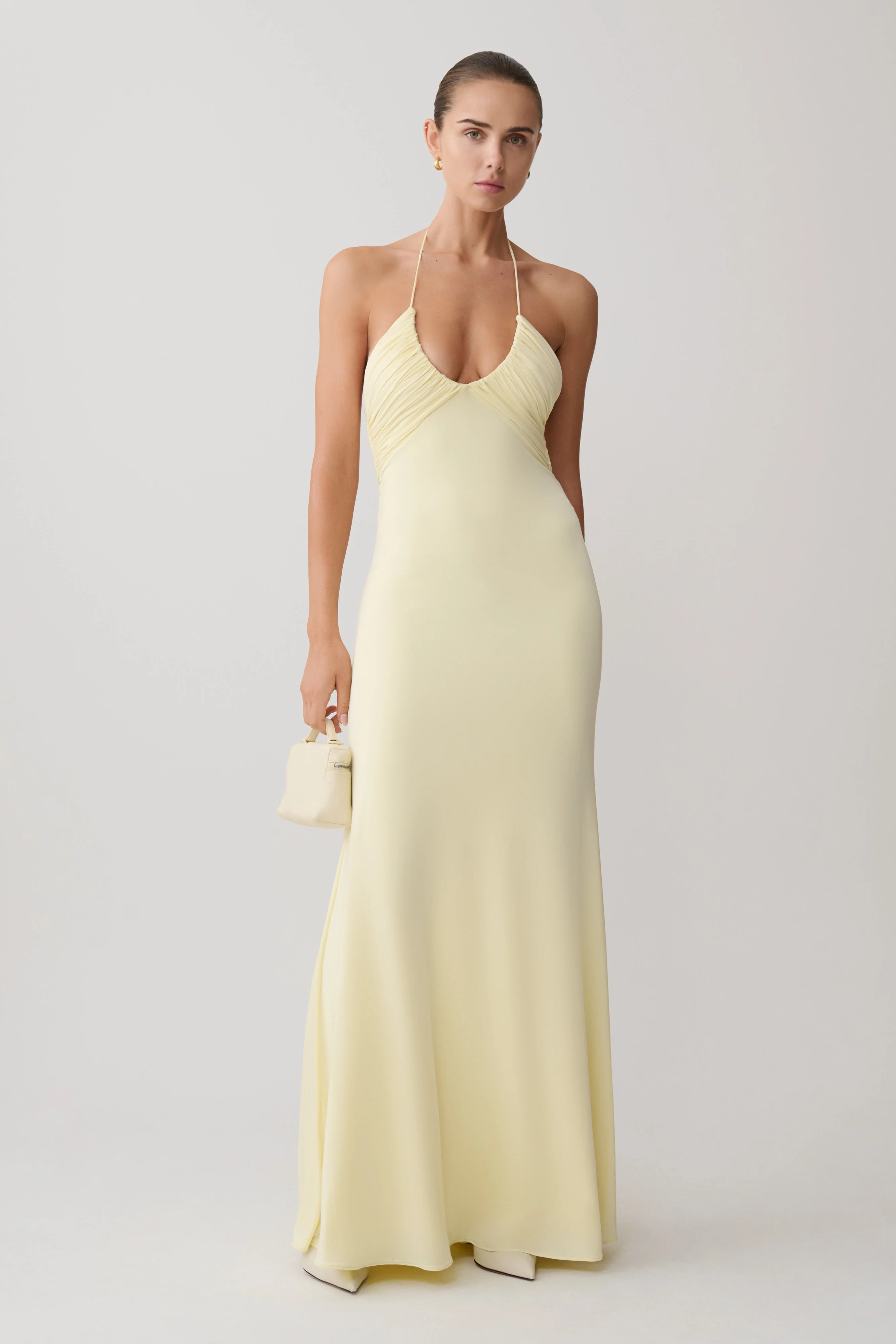 Maely Gathered Slinky Maxi Dress - Lemon | Meshki UK