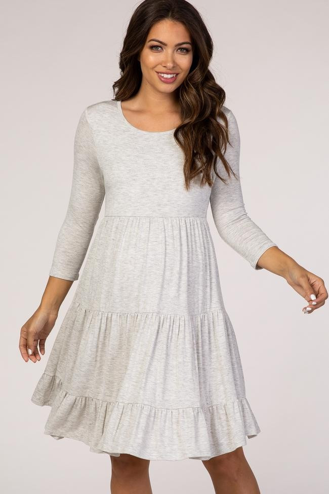 PinkBlush Heather Grey Long Sleeve Tiered Maternity Dress | PinkBlush Maternity