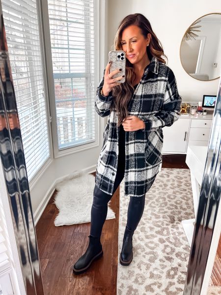 Long flannel jacket thicker than most 
Size large 
Faux leather leggings size large 
Fall outfit 

#LTKcurves #LTKstyletip #LTKshoecrush