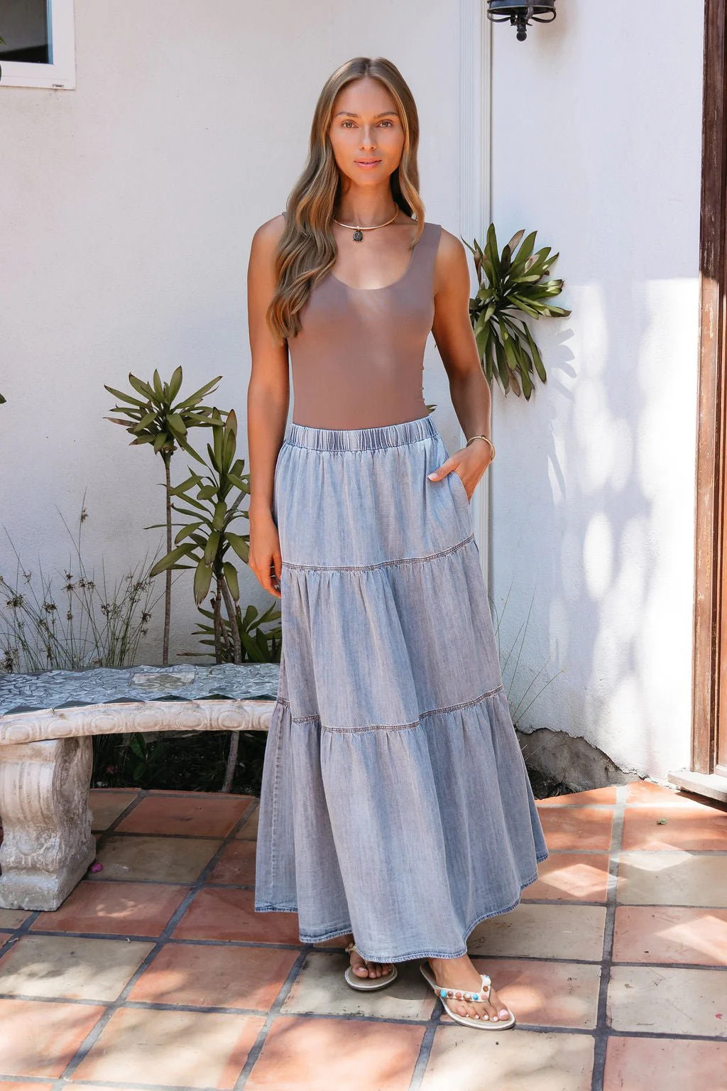Harlow Denim Tiered Maxi Skirt | Magnolia Boutique
