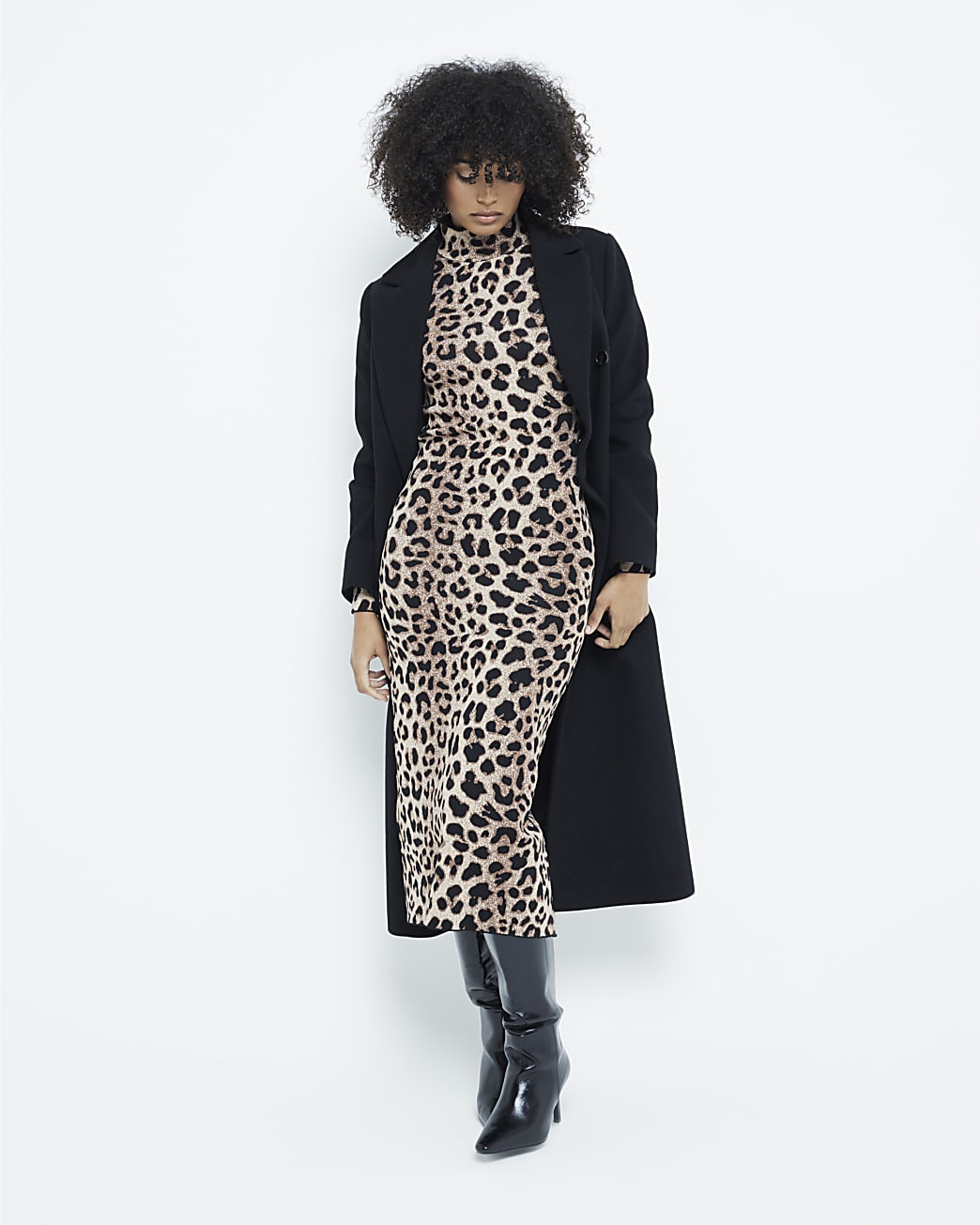 Beige Long Sleeved Leopard Print Midi dress | River Island (UK & IE)