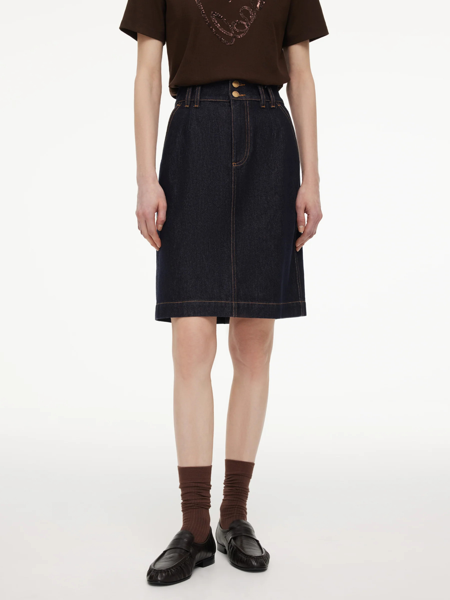 100% Cotton Denim Women Midi Skirt Dark Denim / M | GOELIA