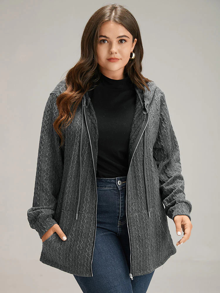 Plain Textured Zipper Hooded Sweatshirt | Bloomchic