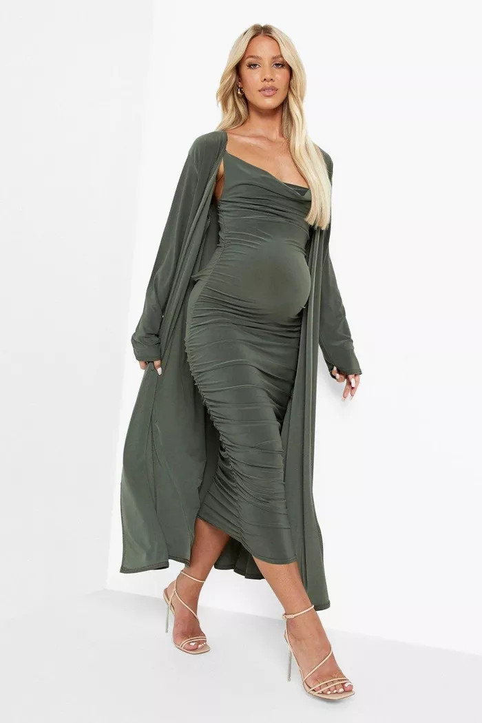 Maternity Strappy Cowl Neck Dress And Duster Coat | boohoo (US & Canada)