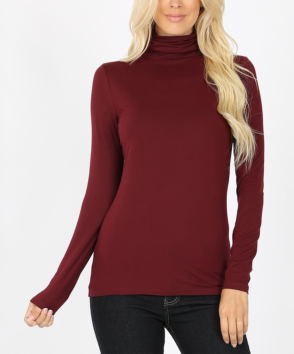 Zenana Women's Tee Shirts DK.BURGUNDY_IPB - Dark Burgundy Microfiber Turtleneck - Women & Plus | Zulily