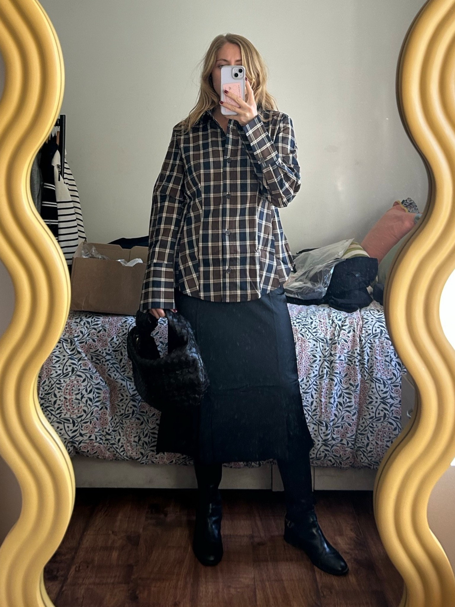 check shirt, lace trimmed black satin skirt, bottega jodie teen, fondant brown bag, winter outfit, black leather knee high boots 

 #LTKuk #LTKwinter #LTKworkwear