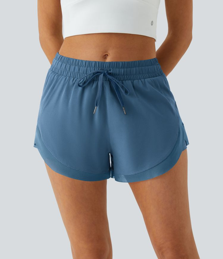 Women’s Mid Rise Drawstring Contrast Mesh 2-in-1 Flowy Running Shorts 3'' - Halara | HALARA